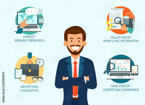Bearded Man on Blue Background. Infographic. Marketing Segment Research. Identifying Candidates. Vector Illustration. Analysis Competing Companies. Evaluate Professional Qualities. Recruitment Agency.