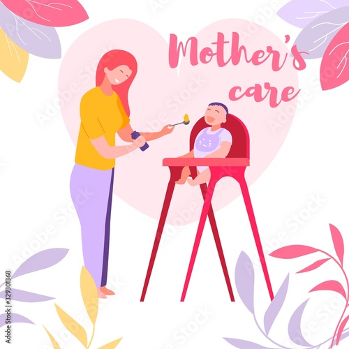 Young Woman Feeding Little Baby with Bib on Chest Sitting on High Child Stool with Open Mouth. Mother's Care Typography. Happy Family and Maternity Routine. Cartoon Flat Vector Illustration, Banner