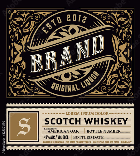 Viintage label design. Ornate logo template for tequila, whiskey, spirituous drinks label.