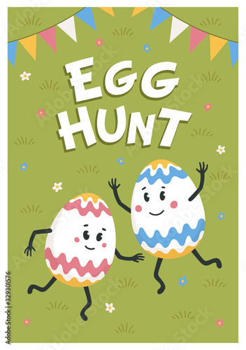 Egg hunt poster. Colored eggs with cute faces dancing on a green lawn. Easter...