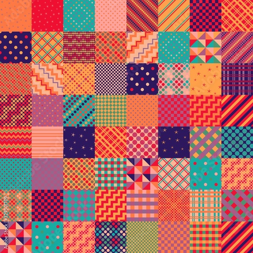 Bright colorful patchwork pattern from square patches. Multicolor print for fabric and textile. Quilt design. photo