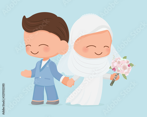 young muslim wedding couple in blue suit wedding dress eps10 vectors illustration
