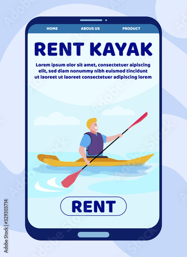 Mobile Landing Page Offering Kayak Rent Online. Booking Sports Equipment for Active Summer Rest via Internet. Cartoon Mobile Screen Male Rower on Canoe with Paddle. Vector Flat Illustration