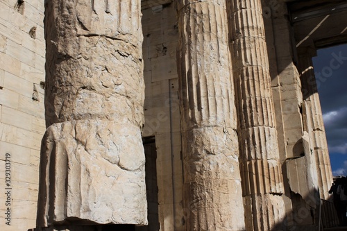 Ancient columns of Propylaea gateway on the Acropolis hill in Athens, Greece. photo