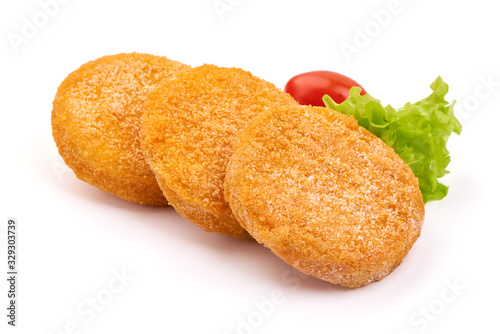 Raw breaded burger cutlets, isolated on white background