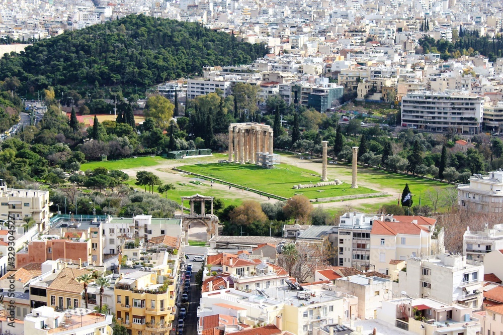 Athens, Greece, view of the Temple of Olympian Zeus as seen from the Acropolis hill.