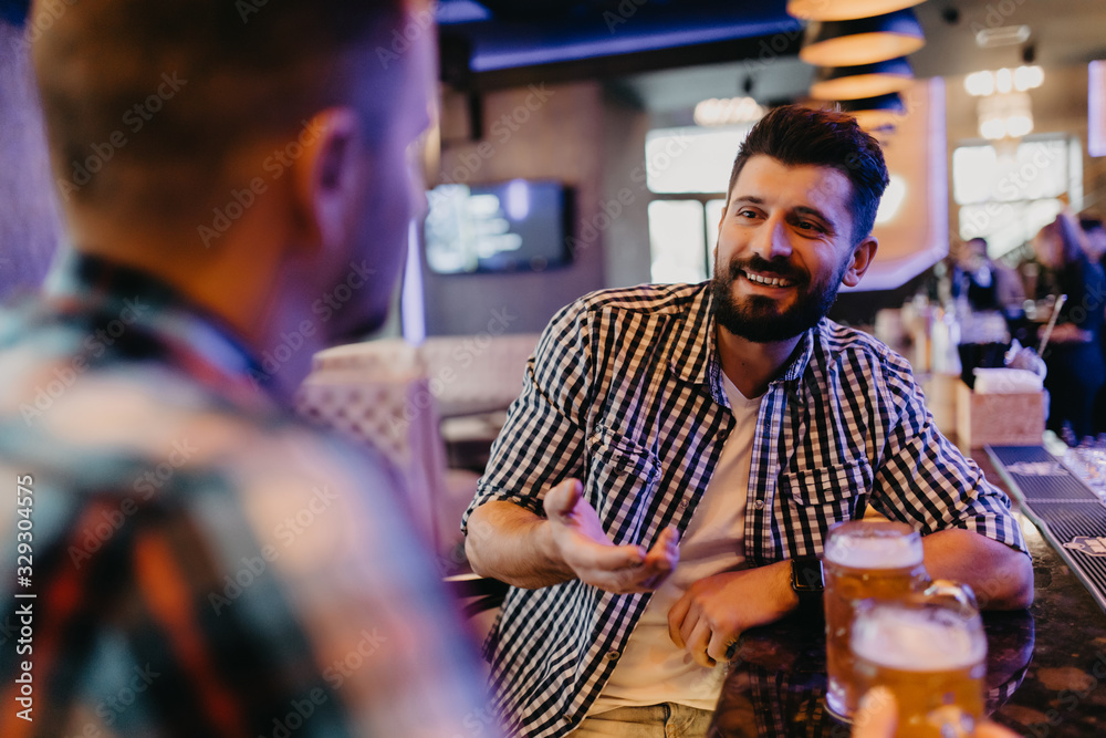 Two handsome friends in a pub with glasses of beer at counter in pub