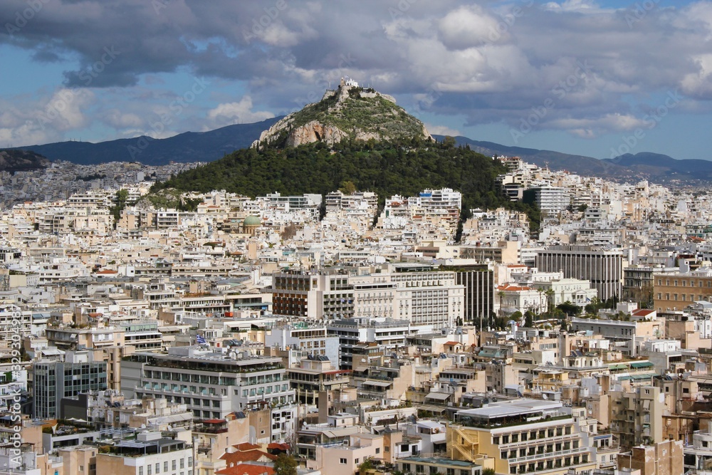 Athens, Greece, partial view of the city from the Acropolis hill with Lycabettus hill in the background.
