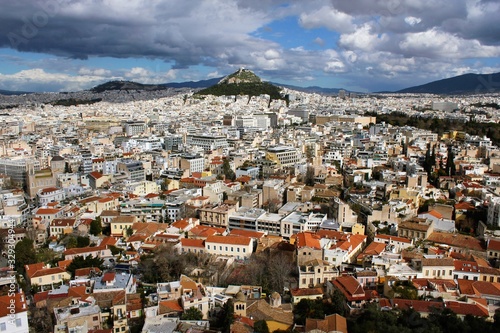 Athens, Greece, partial view of the city from the Acropolis hill with Lycabettus hill in the background. photo