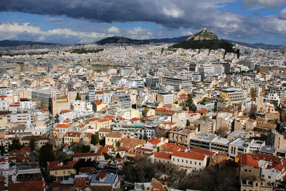 Athens, Greece, partial view of the city from the Acropolis hill with Lycabettus hill in the background.