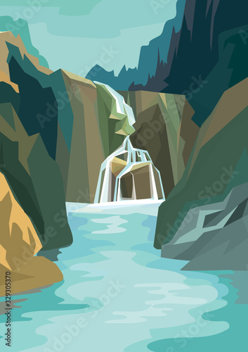 Beautiful waterfall landscape. Vector illustration in cartoon style.
