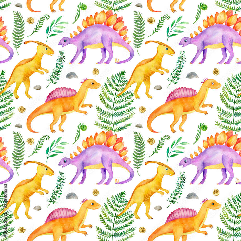 Watercolor Seamless Pattern with Tropical Leaves and Cute Dinosaurs. Colorful Hand Drawn Childish Dino Illustration For Gift Wrapping, Textile, Background of Web Pages, Print for any Printing Product Watercolor Seamless Pattern with Tropical Leaves and Cute Dinosaurs. Colorful Hand Drawn Childish Dino Illustration For Gift Wrapping, Textile, Background of Web Pages, Print for any Printing Product