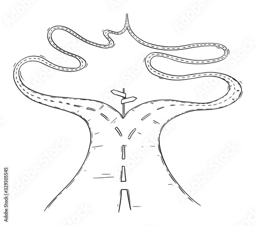 Vector black and white conceptual business drawing or illustration of fork in the road or crossroad,two ways with same destination, no decision or real options to choose from.
