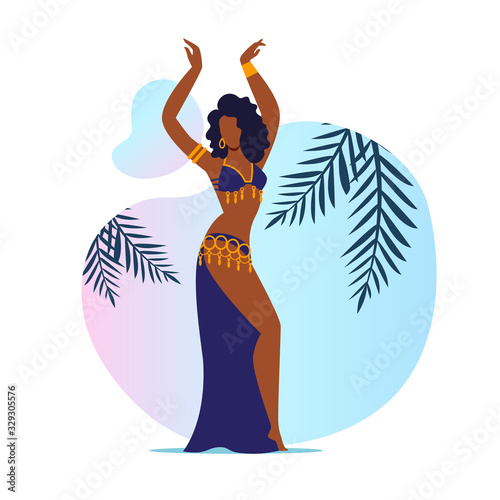 Beautiful Belly Dancer Flat Vector Illustration. Young Muslim Woman in Elegant Outfit Cartoon Characters. Graceful Arab Performer in Dress with Golden Accessories. Traditional Oriental Dance