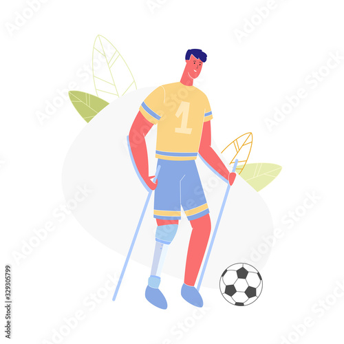 Active Amputee Man Training with Soccer Ball. Athlete with Leg Prosthesis Playing Football, Disabled Character with Amputated Limb Rehabilitation, Recovery Exercise. Cartoon Flat Vector Illustration