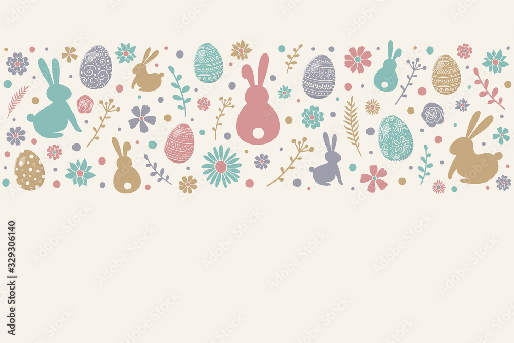 Easter banner with copyspace. Colourful eggs, bunnies and flowers on white background. Vector