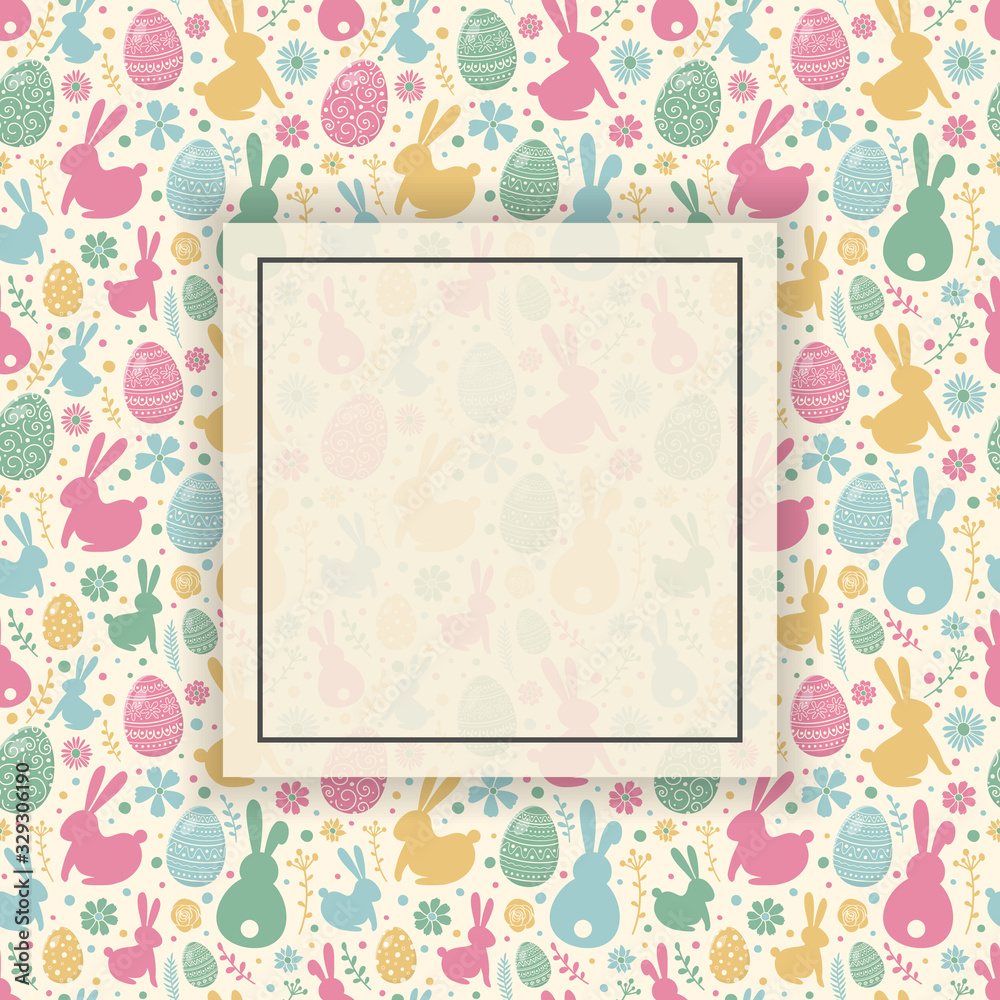 Colourful Easter background with copyspace. Pattern with decorative eggs, bunnies and flowers.