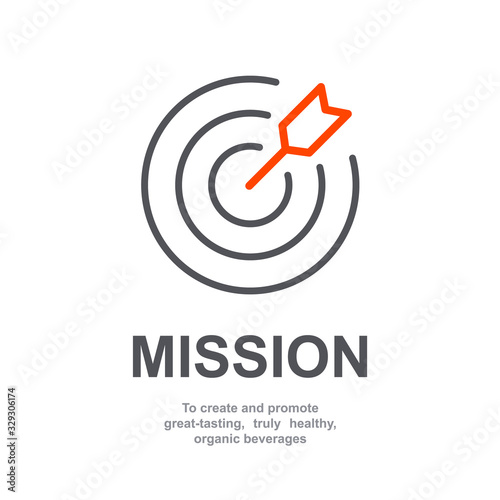 Mission sign icon of business company management with simple text isolated on white background. Web page or presentation item template. Abstract aim concept with arrow in a circle. Goal symbol. Vector