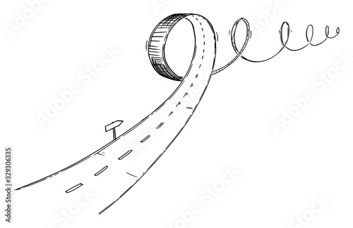 Vector black and white conceptual business drawing or illustration of turbulent road, problem or obstacle in way, uncertain direction and difficult choices.