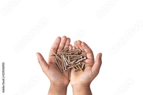 Kid holding metal screws in hands isolated on white background.