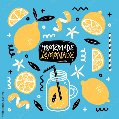 Hand drawn summer set with lemon, lemon slice, jar with lemonade, leaves, flowers and handwritten lettering. Vector illustration.