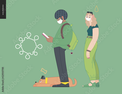 Waiting in line coronavirus - modern flat vector concept illustration of people standing in line wearing mask, talking to each other. Multicultural, multilingual people, coronavirus protection concept
