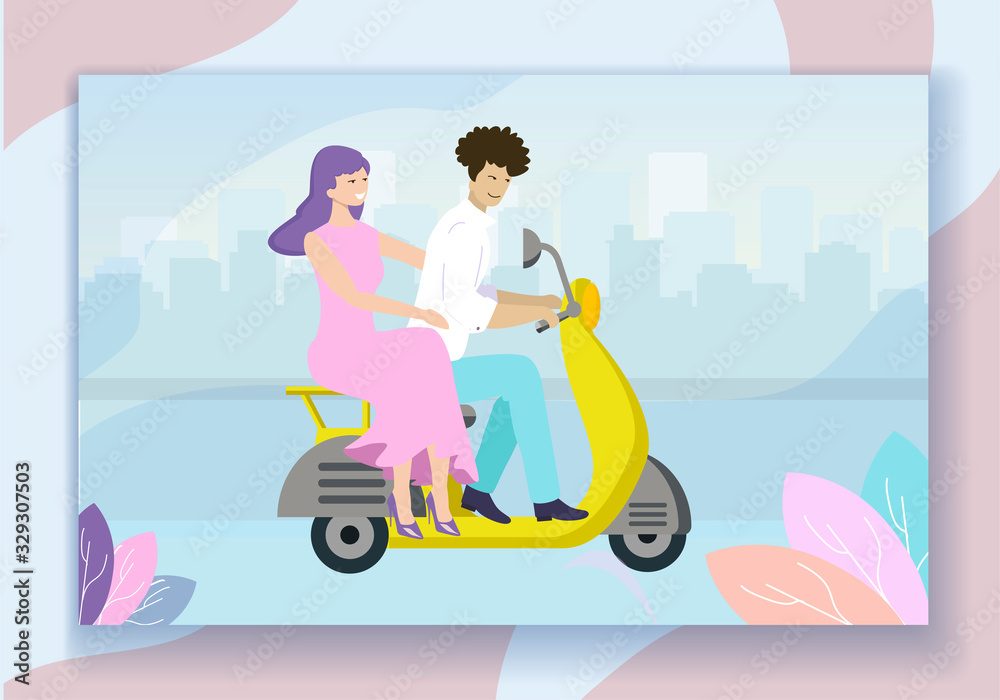 Young Loving Couple Riding Motorbike on Cityscape View Background. Girl Hugging Man. Summer Time Vacation Sparetime, Leisure, Romantic Journey. Love, Human Relations Cartoon Flat Vector Illustration