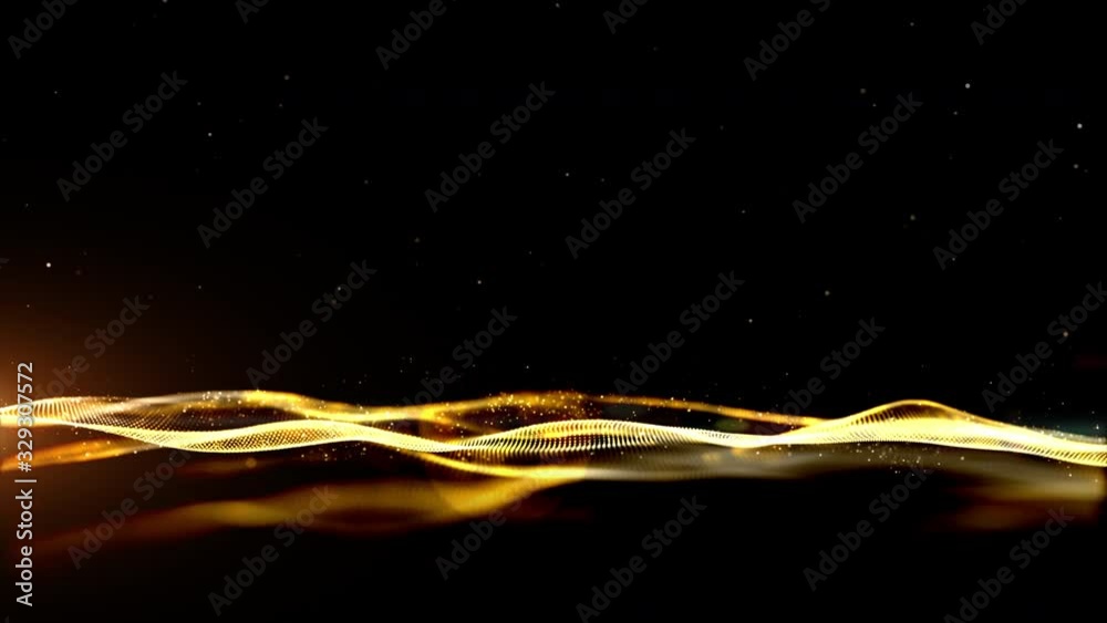 Gold color digital particles wave flow abstract technology background concept