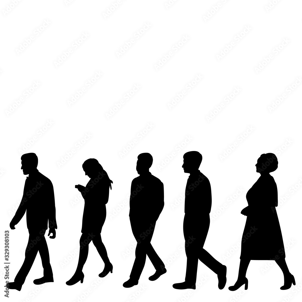 vector, isolated, black silhouette of walking people, men