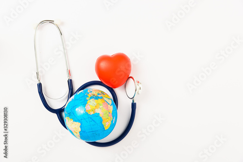 World health day concept, Stethoscope, globe and red heart