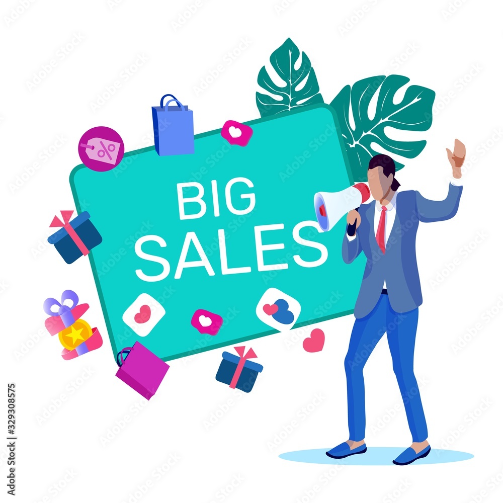 Bright Flyer Technology Big Sales Cartoon Flat. Identification Promising Areas Organization Activities in Market. Invitation Banner Man Speaks Loudspeaker about Sales. Vector Illustration. Bright Flyer Technology Big Sales Cartoon Flat. Identification Promising Areas Organization Activities in Market. Invitation Banner Man Speaks Loudspeaker about Sales. Vector Illustration.