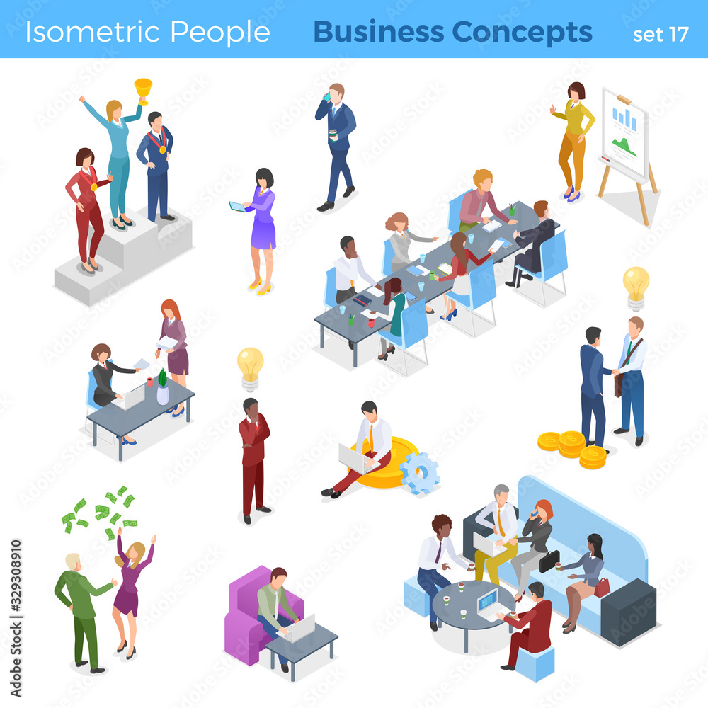 Isometric Business People Teamwork Winner Partnership Idea Profit Finance Report Analysis Statistics working concepts with Money gold coins Flat vector illustration.