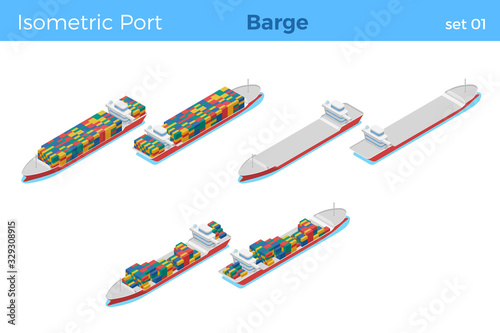 Loaded Barge with Containers and empty isometric vector illustration set