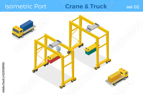 Port crane and truck isometric vector illustration set