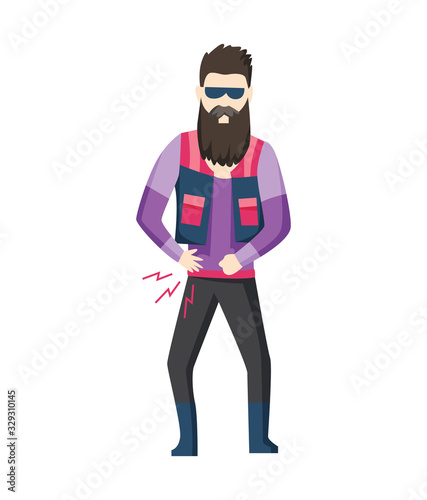 Man having stomachache symptoms of appendicitis with large, small intestine and appendix. Bearded man clutched his stomach. Abdominal pain. Appendix disease, emergency case © designer_things