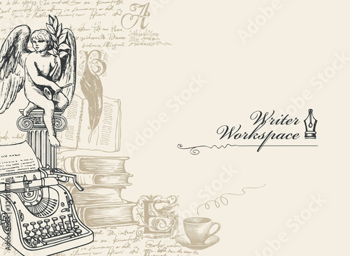 Vector banner or background on a writers theme. Writer workspace with sketches and place for text. Vintage illustration with hand-drawn typewriter, books, angel and illegible handwritten notes