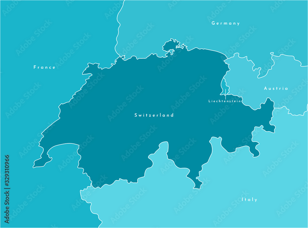 Vector modern illustration. Simplified map of Switzerland and borders with neighboring countries France, Germany, Italy, Austria, Liechtenstein. Blue shapes of states, white outline.