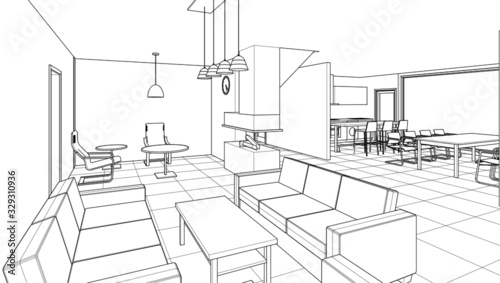 interior kitchen living room 3d illustration