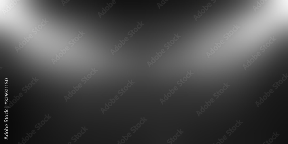 Black blur large format banner. Diffused light on darkness defocus backdrop.  Noir empty background. 