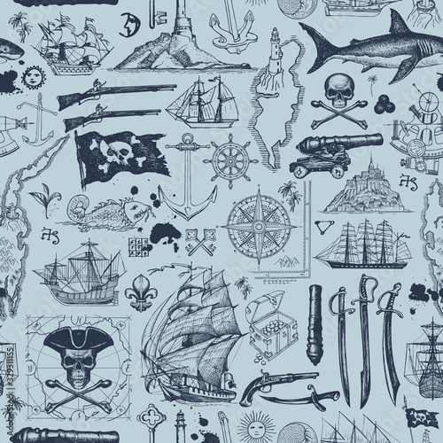 Vector abstract seamless pattern with skulls, crossbones, flag, swords, guns, sailboats, islands and other nautical symbols. Vintage background on the pirate theme with hand-drawn sketches photo