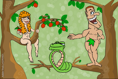 Adam and Eve. Woman offer apple to man. Cartoon Adam and Eve with sin apple in the garden of eden. First people and bible serpent. Happy couple in paradise with the forbidden apple. Stock vector 