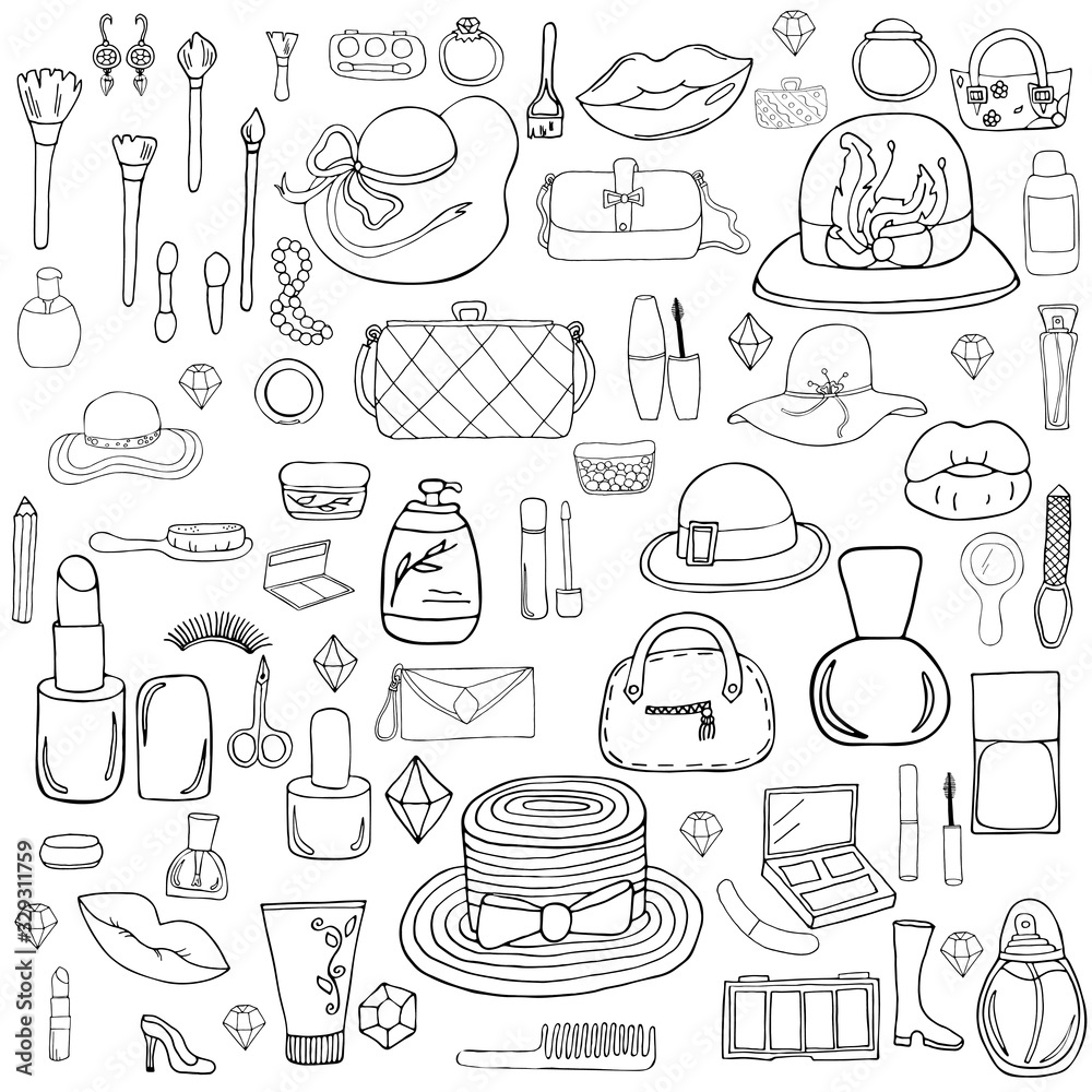Vector set of cosmetics and jewelry drawings on a white background and a variety of women's hats.