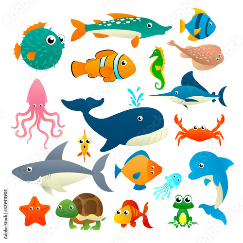 Big collection cartoon sea animals