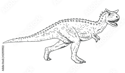 Drawing of dinosaur - hand sketch of Carnotaurus  black and white illustration