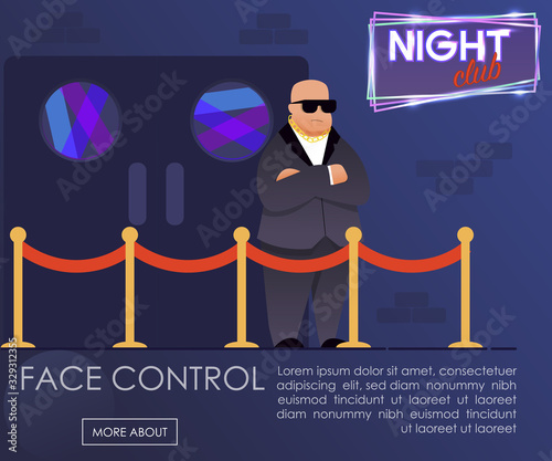 Professional Face Control at Night Club Presentation Webpage Layout. Big Bouncer, Serious Male Guard in Formal Suit Stand at Nightclub Entrance Outside. Security at Evening Party. Vector Illustration