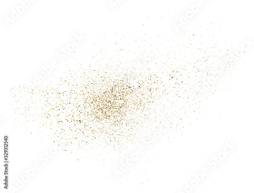 Gold glitter splash on white background. Bright dust explosion. Golden glitter particles splatter. Sparkling firework. Luxury design. Vector illustration