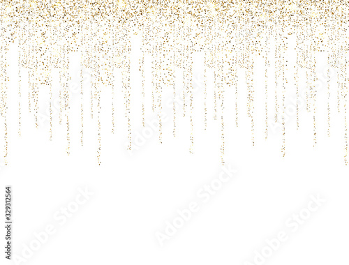 Gold glitter lines on white background. Golden sparkling confetti. Luxury holiday border. Glitter decoration frame. Bright sparkles and dust. Vector illustration