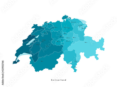 Vector modern isolated illustration. Simplified administrative blue map of Switzerland. Light blue shapes of lakes. Names of swiss cities and regions (cantons). White background