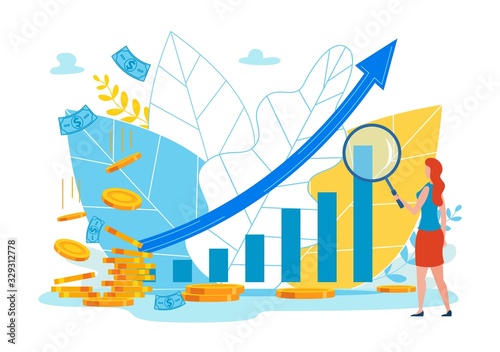 Advertising Flyer Budget Allocation Cartoon Flat. Collecting and Converting Leads iInto Buyers through Email Marketing. Woman Looks at Chart Arrow Through Magnifying Glass. Vector Illustration.