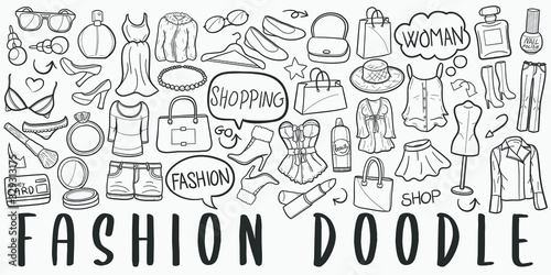 Fashion Doodle Line Art Illustration. Hand Drawn Vector Clip Art. Banner Set Logos.